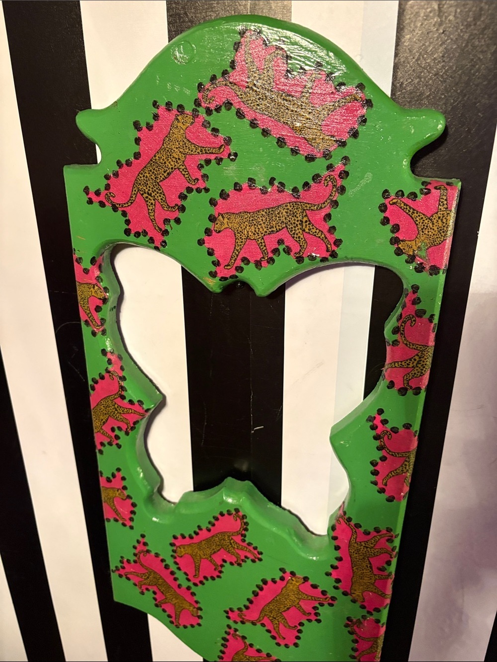 Handmade Green Decorative Frame & Hook with Pink Leopard Motif One of a Kind